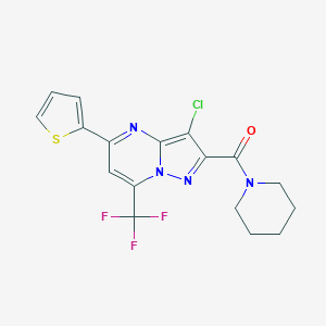 molecular formula C17H14ClF3N4OS B415464 [3-Chloro-5-(2-thienyl)-7-(trifluoromethyl)pyrazolo[1,5-a]pyrimidin-2-yl](piperidino)methanone 
