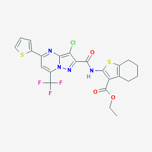 molecular formula C23H18ClF3N4O3S2 B415465 Ethyl 2-[[3-chloro-5-thiophen-2-yl-7-(trifluoromethyl)pyrazolo[1,5-a]pyrimidine-2-carbonyl]amino]-4,5,6,7-tetrahydro-1-benzothiophene-3-carboxylate CAS No. 313247-58-4