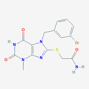 molecular formula C15H14BrN5O3S B415558 2-({7-[(3-bromophenyl)methyl]-3-methyl-2,6-dioxo-2,3,6,7-tetrahydro-1H-purin-8-yl}sulfanyl)acetamide 