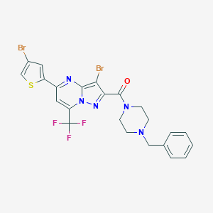 molecular formula C23H18Br2F3N5OS B415593 2-[(4-Benzyl-1-piperazinyl)carbonyl]-3-bromo-5-(4-bromo-2-thienyl)-7-(trifluoromethyl)pyrazolo[1,5-a]pyrimidine 