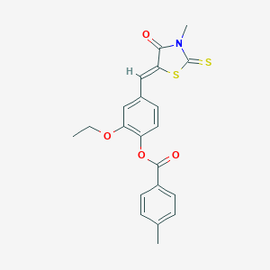 molecular formula C21H19NO4S2 B415670 2-Ethoxy-4-[(3-methyl-4-oxo-2-thioxo-1,3-thiazolidin-5-ylidene)methyl]phenyl 4-methylbenzoate 