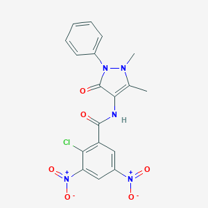 molecular formula C18H14ClN5O6 B415680 2-chloro-N-(1,5-dimethyl-3-oxo-2-phenyl-2,3-dihydro-1H-pyrazol-4-yl)-3,5-bisnitrobenzamide 
