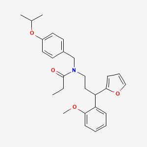 molecular formula C27H33NO4 B4156818 N-[3-(Furan-2-YL)-3-(2-methoxyphenyl)propyl]-N-{[4-(propan-2-yloxy)phenyl]methyl}propanamide 