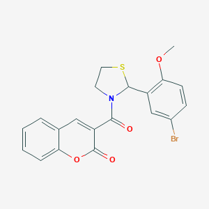 molecular formula C20H16BrNO4S B415690 3-{[2-(5-bromo-2-methoxyphenyl)-1,3-thiazolidin-3-yl]carbonyl}-2H-chromen-2-one 