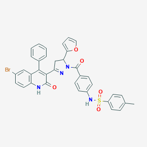molecular formula C36H27BrN4O5S B415697 N-(4-{[3-(6-bromo-2-hydroxy-4-phenylquinolin-3-yl)-5-(furan-2-yl)-4,5-dihydro-1H-pyrazol-1-yl]carbonyl}phenyl)-4-methylbenzenesulfonamide 
