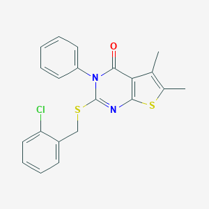 molecular formula C21H17ClN2OS2 B415710 2-[(2-chlorobenzyl)sulfanyl]-5,6-dimethyl-3-phenylthieno[2,3-d]pyrimidin-4(3H)-one 