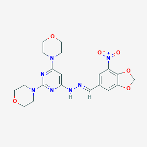 molecular formula C20H23N7O6 B415715 7-Nitro-1,3-benzodioxole-5-carbaldehyde (2,6-dimorpholin-4-ylpyrimidin-4-yl)hydrazone 