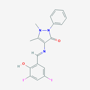 molecular formula C18H15I2N3O2 B415728 4-[(2-hydroxy-3,5-diiodobenzylidene)amino]-1,5-dimethyl-2-phenyl-1,2-dihydro-3H-pyrazol-3-one CAS No. 300697-06-7