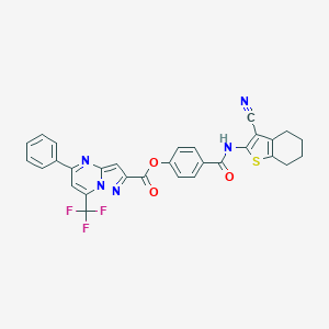 molecular formula C30H20F3N5O3S B415754 4-{[(3-Cyano-4,5,6,7-tetrahydro-1-benzothien-2-yl)amino]carbonyl}phenyl 5-phenyl-7-(trifluoromethyl)pyrazolo[1,5-a]pyrimidine-2-carboxylate 