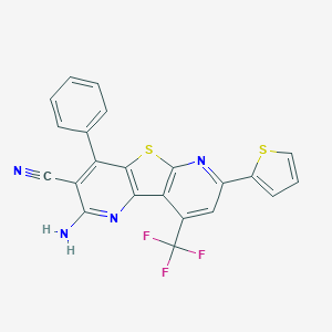 molecular formula C22H11F3N4S2 B415766 4-Amino-6-phenyl-11-thiophen-2-yl-13-(trifluoromethyl)-8-thia-3,10-diazatricyclo[7.4.0.02,7]trideca-1(9),2(7),3,5,10,12-hexaene-5-carbonitrile 