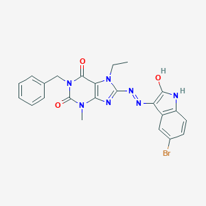 molecular formula C23H20BrN7O3 B415812 1-benzyl-8-[2-(5-bromo-2-oxo-1,2-dihydro-3H-indol-3-ylidene)hydrazino]-7-ethyl-3-methyl-3,7-dihydro-1H-purine-2,6-dione 