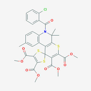 molecular formula C32H28ClNO9S3 B415844 Tetramethyl 6'-[(2-chlorophenyl)carbonyl]-5',5',9'-trimethyl-5',6'-dihydrospiro[1,3-dithiole-2,1'-thiopyrano[2,3-c]quinoline]-2',3',4,5-tetracarboxylate 