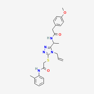 molecular formula C25H29N5O3S B4158693 2-(4-methoxyphenyl)-N-{1-[5-({2-[(2-methylphenyl)amino]-2-oxoethyl}sulfanyl)-4-(prop-2-en-1-yl)-4H-1,2,4-triazol-3-yl]ethyl}acetamide 