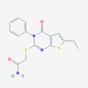 molecular formula C16H15N3O2S2 B415895 2-(6-Ethyl-4-oxo-3-phenyl-3,4-dihydro-thieno[2,3-d]pyrimidin-2-ylsulfanyl)-acetamide 