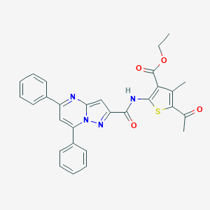 molecular formula C29H24N4O4S B415915 Ethyl 5-acetyl-2-{[(5,7-diphenylpyrazolo[1,5-a]pyrimidin-2-yl)carbonyl]amino}-4-methyl-3-thiophenecarboxylate 