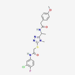 molecular formula C22H23ClFN5O3S B4159192 N-{1-[5-({2-[(3-chloro-4-fluorophenyl)amino]-2-oxoethyl}sulfanyl)-4-methyl-4H-1,2,4-triazol-3-yl]ethyl}-2-(4-methoxyphenyl)acetamide 