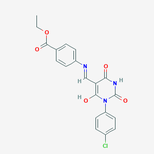 molecular formula C20H16ClN3O5 B415938 ethyl 4-{[(1-(4-chlorophenyl)-2,4,6-trioxotetrahydro-5(2H)-pyrimidinylidene)methyl]amino}benzoate 