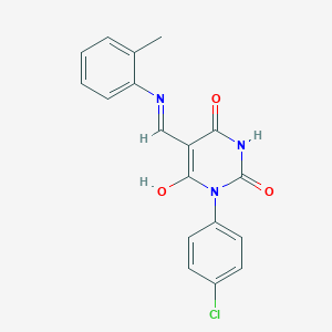 molecular formula C18H14ClN3O3 B415945 1-(4-chlorophenyl)-5-(2-toluidinomethylene)-2,4,6(1H,3H,5H)-pyrimidinetrione 