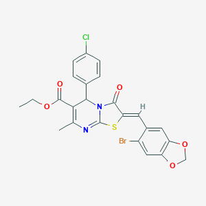 molecular formula C24H18BrClN2O5S B415955 ETHYL (2Z)-2-[(6-BROMO-2H-1,3-BENZODIOXOL-5-YL)METHYLIDENE]-5-(4-CHLOROPHENYL)-7-METHYL-3-OXO-2H,3H,5H-[1,3]THIAZOLO[3,2-A]PYRIMIDINE-6-CARBOXYLATE 