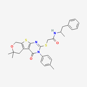 2-[[12,12-dimethyl-4-(4-methylphenyl)-3-oxo-11-oxa-8-thia-4,6-diazatricyclo[7.4.0.02,7]trideca-1(9),2(7),5-trien-5-yl]sulfanyl]-N-(1-phenylpropan-2-yl)acetamide