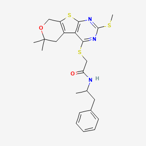 molecular formula C23H27N3O2S3 B4160092 2-{[6,6-dimethyl-2-(methylthio)-5,8-dihydro-6H-pyrano[4',3':4,5]thieno[2,3-d]pyrimidin-4-yl]thio}-N-(1-methyl-2-phenylethyl)acetamide 