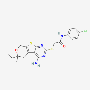 molecular formula C20H21ClN4O2S2 B4160099 2-[(4-amino-6-ethyl-6-methyl-5,8-dihydro-6H-pyrano[4',3':4,5]thieno[2,3-d]pyrimidin-2-yl)thio]-N-(4-chlorophenyl)acetamide 