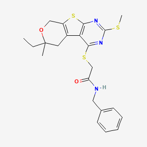 molecular formula C22H25N3O2S3 B4160121 N-benzyl-2-[(12-ethyl-12-methyl-5-methylsulfanyl-11-oxa-8-thia-4,6-diazatricyclo[7.4.0.02,7]trideca-1(9),2(7),3,5-tetraen-3-yl)sulfanyl]acetamide 