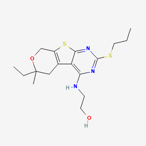 molecular formula C17H25N3O2S2 B4160143 2-{[6-ethyl-6-methyl-2-(propylthio)-5,8-dihydro-6H-pyrano[4',3':4,5]thieno[2,3-d]pyrimidin-4-yl]amino}ethanol 