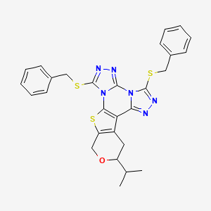 molecular formula C28H26N6OS3 B4160220 3,7-bis(benzylthio)-12-isopropyl-12,13-dihydro-10H-pyrano[4',3':4,5]thieno[3,2-e]bis[1,2,4]triazolo[4,3-a:4',3'-c]pyrimidine 