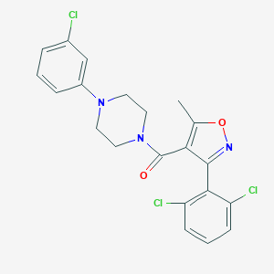 molecular formula C21H18Cl3N3O2 B416028 1-(3-Chlorophenyl)-4-{[3-(2,6-dichlorophenyl)-5-methyl-4-isoxazolyl]carbonyl}piperazine CAS No. 331848-07-8