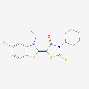 molecular formula C18H19ClN2OS3 B416042 5-(5-chloro-3-ethyl-1,3-benzothiazol-2(3H)-ylidene)-3-cyclohexyl-2-thioxo-1,3-thiazolidin-4-one 