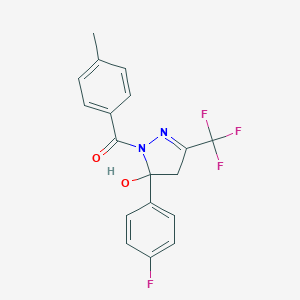 molecular formula C18H14F4N2O2 B416053 5-(4-fluorophenyl)-1-(4-methylbenzoyl)-3-(trifluoromethyl)-4,5-dihydro-1H-pyrazol-5-ol 