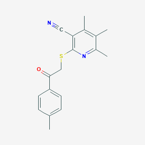 molecular formula C18H18N2OS B416093 4,5,6-Trimethyl-2-{[2-(4-methylphenyl)-2-oxoethyl]sulfanyl}nicotinonitrile CAS No. 303017-52-9
