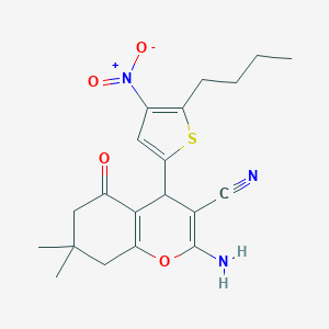 molecular formula C20H23N3O4S B416114 2-amino-4-(5-butyl-4-nitro(2-thienyl))-7,7-dimethyl-5-oxo-4H-6,7,8-trihydrochr omene-3-carbonitrile 