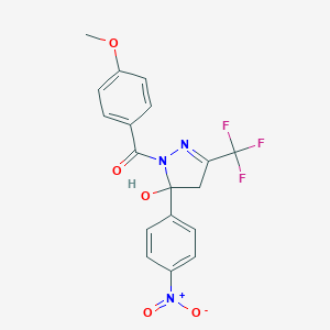 molecular formula C18H14F3N3O5 B416130 5-{4-nitrophenyl}-1-(4-methoxybenzoyl)-3-(trifluoromethyl)-4,5-dihydro-1H-pyrazol-5-ol 