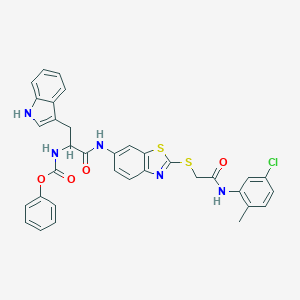 molecular formula C34H28ClN5O4S2 B416154 phenyl 2-[(2-{[2-(5-chloro-2-methylanilino)-2-oxoethyl]sulfanyl}-1,3-benzothiazol-6-yl)amino]-1-(1H-indol-3-ylmethyl)-2-oxoethylcarbamate 