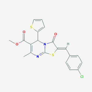 molecular formula C20H15ClN2O3S2 B416177 methyl 2-(4-chlorobenzylidene)-7-methyl-3-oxo-5-(2-thienyl)-2,3-dihydro-5H-[1,3]thiazolo[3,2-a]pyrimidine-6-carboxylate 