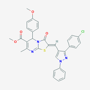 molecular formula C32H25ClN4O4S B416184 methyl (2Z)-2-{[3-(4-chlorophenyl)-1-phenyl-1H-pyrazol-4-yl]methylidene}-5-(4-methoxyphenyl)-7-methyl-3-oxo-2,3-dihydro-5H-[1,3]thiazolo[3,2-a]pyrimidine-6-carboxylate 