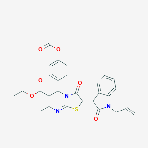 molecular formula C29H25N3O6S B416195 Ethyl (2Z)-5-[4-(acetyloxy)phenyl]-2-(1-allyl-2-oxo-1,2-dihydro-3H-indol-3-ylidene)-7-methyl-3-oxo-2,3-dihydro-5H-[1,3]thiazolo[3,2-A]pyrimidine-6-carboxylate 