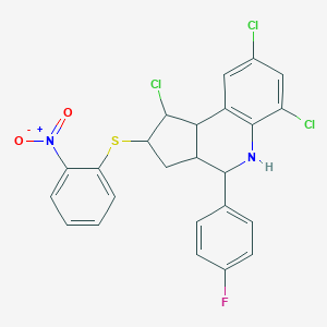 molecular formula C24H18Cl3FN2O2S B416203 1,6,8-trichloro-4-(4-fluorophenyl)-2-({2-nitrophenyl}sulfanyl)-2,3,3a,4,5,9b-hexahydro-1H-cyclopenta[c]quinoline 