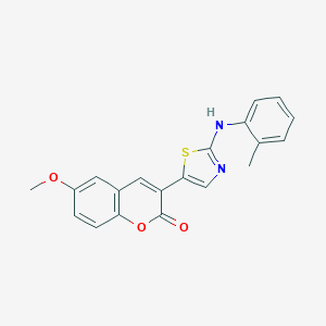 molecular formula C20H16N2O3S B416217 6-methoxy-3-{2-[(2-methylphenyl)amino]-1,3-thiazol-5-yl}-2H-chromen-2-one 