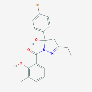 molecular formula C19H19BrN2O3 B416223 5-(4-bromophenyl)-3-ethyl-1-(2-hydroxy-3-methylbenzoyl)-4,5-dihydro-1H-pyrazol-5-ol 