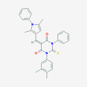 molecular formula C31H27N3O2S B416237 (5E)-1-(3,4-dimethylphenyl)-5-[(2,5-dimethyl-1-phenyl-1H-pyrrol-3-yl)methylidene]-3-phenyl-2-thioxodihydropyrimidine-4,6(1H,5H)-dione 