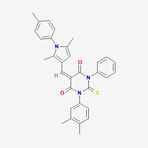 molecular formula C32H29N3O2S B416238 5-{[2,5-dimethyl-1-(4-methylphenyl)-1H-pyrrol-3-yl]methylene}-1-(3,4-dimethylphenyl)-3-phenyl-2-thioxodihydro-4,6(1H,5H)-pyrimidinedione 