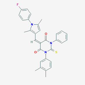 molecular formula C31H26FN3O2S B416243 1-(3,4-dimethylphenyl)-5-{[1-(4-fluorophenyl)-2,5-dimethyl-1H-pyrrol-3-yl]methylene}-3-phenyl-2-thioxodihydro-4,6(1H,5H)-pyrimidinedione 
