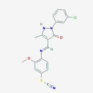 molecular formula C19H15ClN4O2S B416289 4-({[1-(3-chlorophenyl)-3-methyl-5-oxo-1,5-dihydro-4H-pyrazol-4-ylidene]methyl}amino)-3-methoxyphenyl thiocyanate 