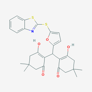 molecular formula C28H29NO5S2 B416381 2-[[5-(1,3-Benzothiazol-2-ylsulfanyl)-2-furyl](2-hydroxy-4,4-dimethyl-6-oxo-1-cyclohexen-1-yl)methyl]-3-hydroxy-5,5-dimethyl-2-cyclohexen-1-one 