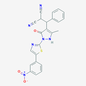 molecular formula C23H16N6O3S B416391 2-[{5-hydroxy-3-methyl-1-[5-(3-nitrophenyl)-1,3-thiazol-2-yl]-1H-pyrazol-4-yl}(phenyl)methyl]malononitrile 
