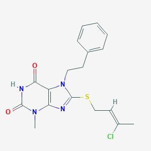 molecular formula C18H19ClN4O2S B416395 8-[(3-chloro-2-butenyl)sulfanyl]-3-methyl-7-(2-phenylethyl)-3,7-dihydro-1H-purine-2,6-dione CAS No. 332149-59-4
