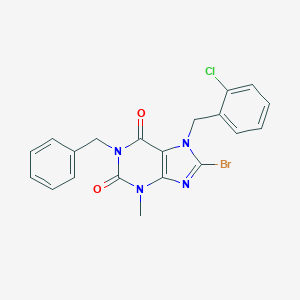 molecular formula C20H16BrClN4O2 B416403 1-benzyl-8-bromo-7-(2-chlorobenzyl)-3-methyl-3,7-dihydro-1H-purine-2,6-dione 